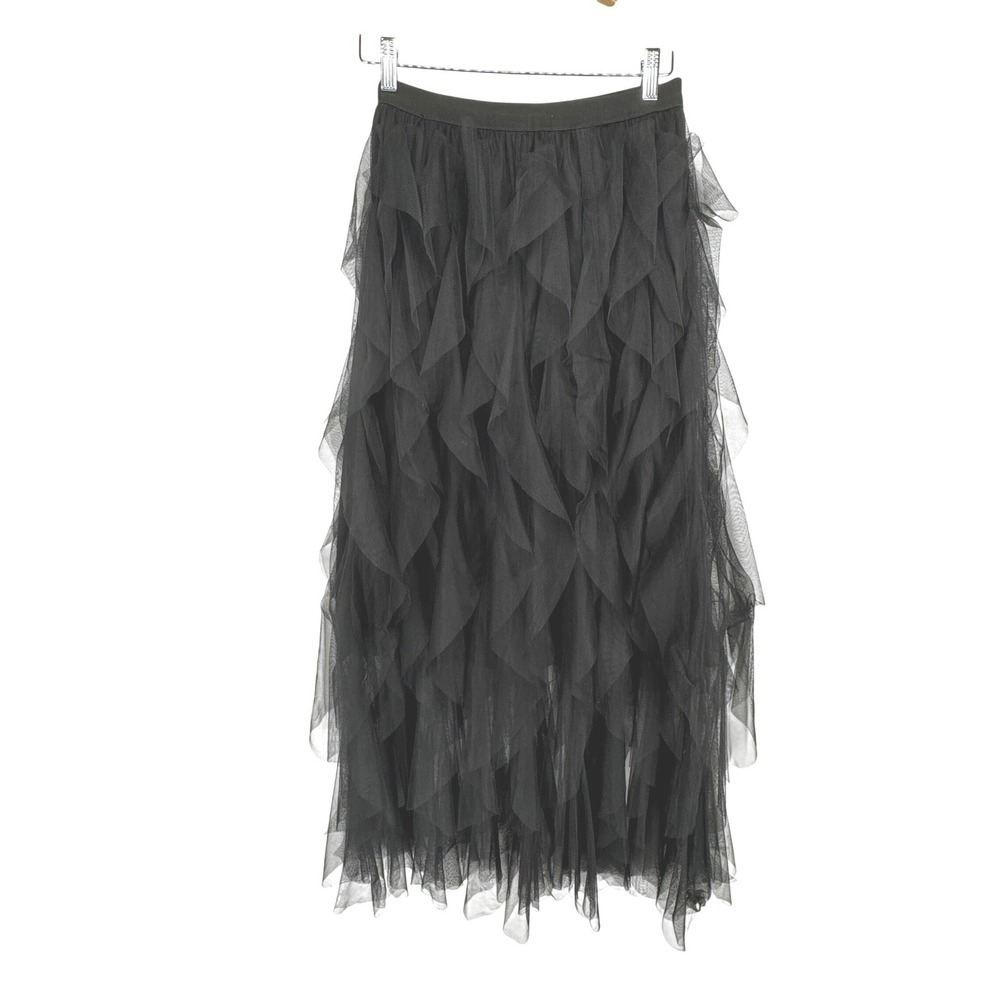 Vintage Black Tiered Tulle Maxi Skirt Ruffle Mesh High Waist Medium Fairy Grunge